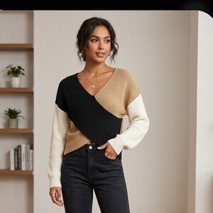 Derek Heart Colorblock V-Neck Sweater in Black, Tan & Cream